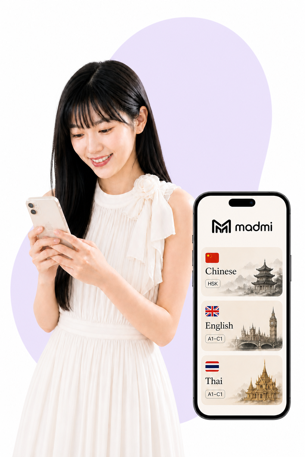 Young Southeast Asian woman using her phone beside a large Madmi course phone